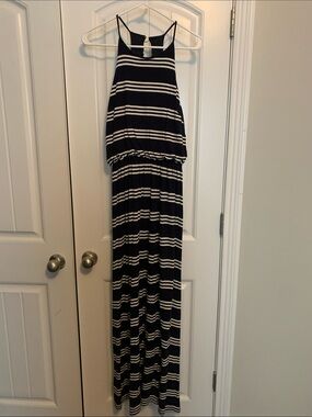 LOFT Navy and White Striped Halter Maxi Dress